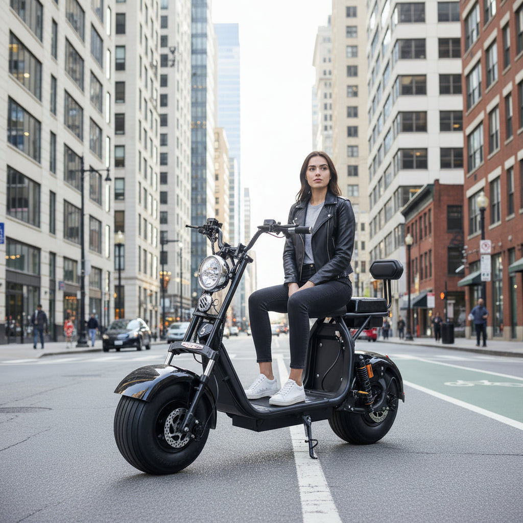 A girl sitting on a black electric scooter with large wheels
