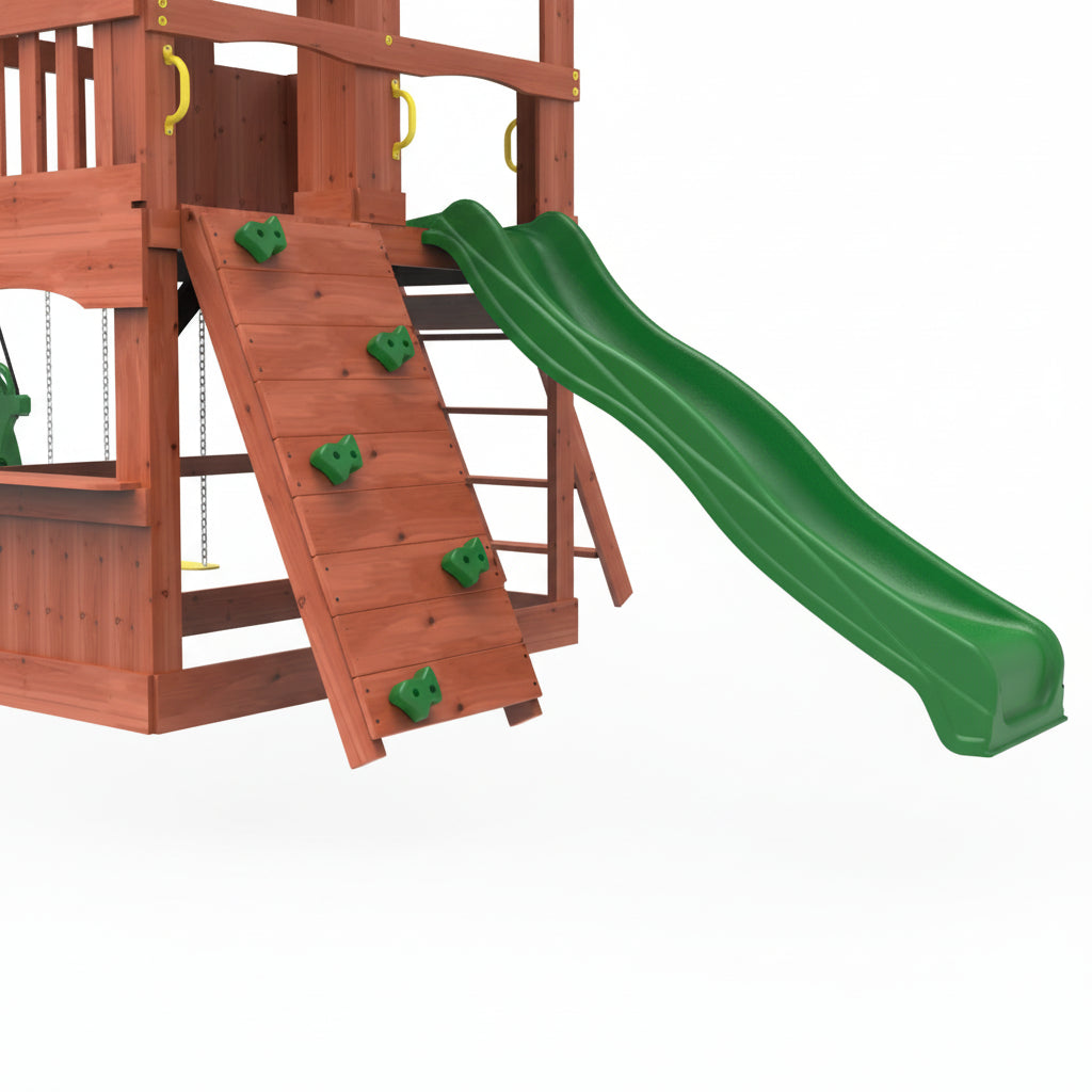 Kiddoro Playful Peaks playset with green slide and climbing structure 