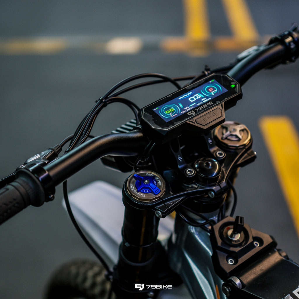 Close-up of a motorcycle handlebar with digital display and control buttons.