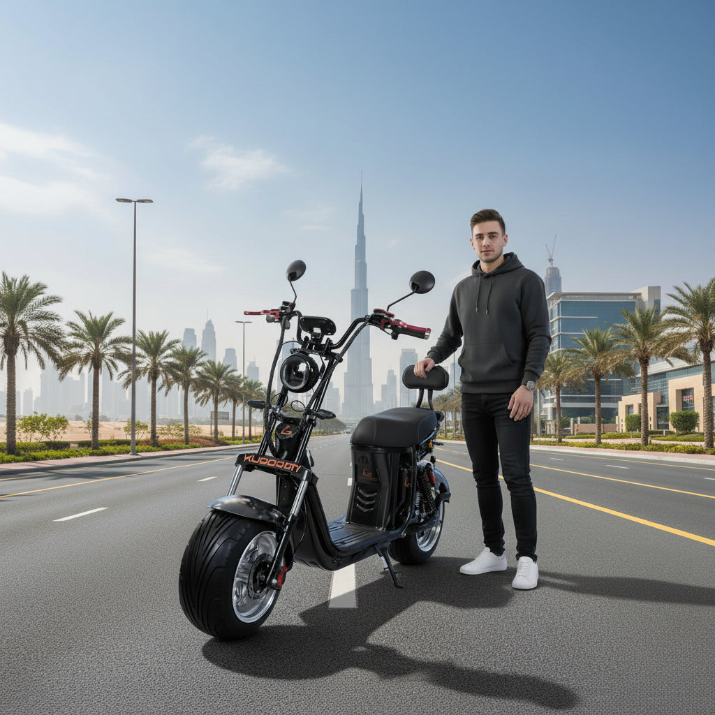 Person standing next to a Kugoo City fat tyre Electric Scooter