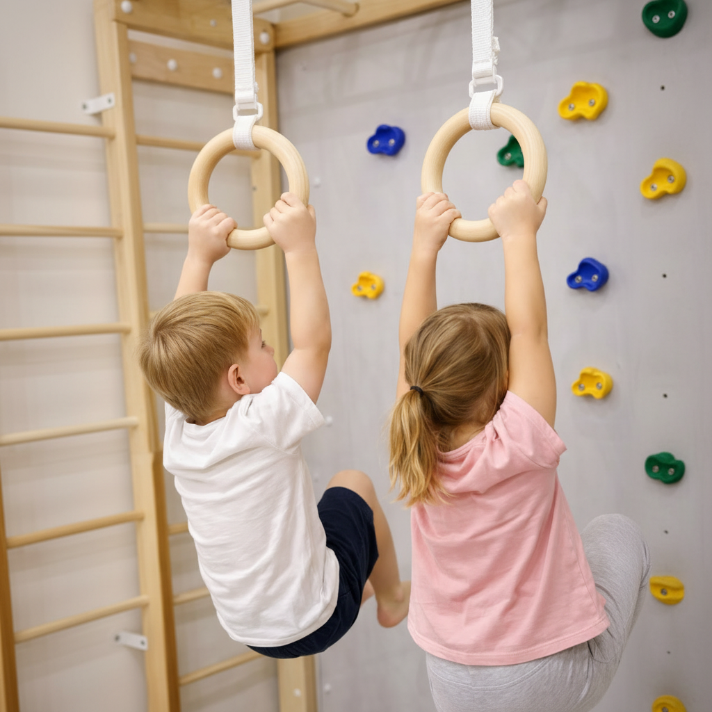 Two children hanging from gymnastic ring