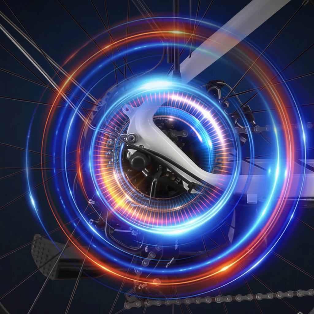 Close-up of a bicycle wheel with glowing blue and orange lights, a feature