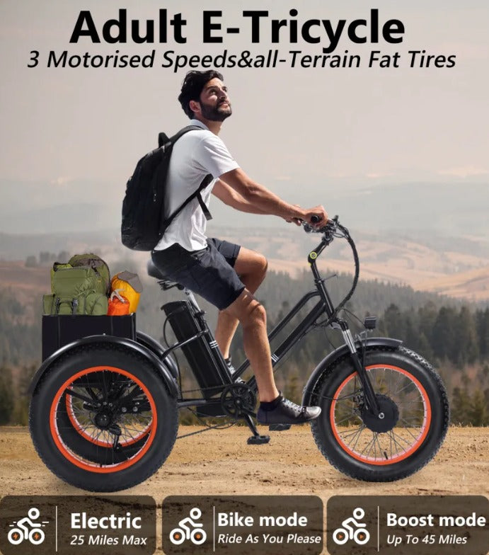 A man riding an adult E-Tricycle with scenic