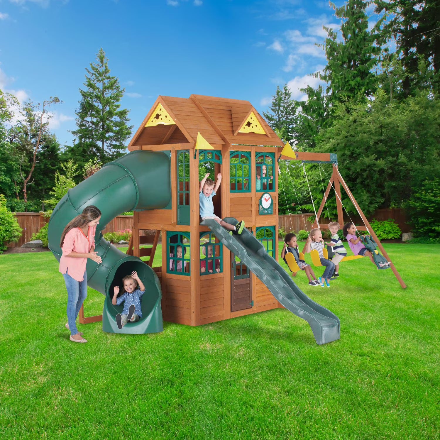 KidKraft Charleston Lodge Fort Wooden Outdoor SwingS AND SLIDE Set in backyard