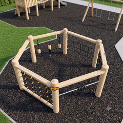 top view Wooden playground climbing fence with rope nets and hanging wooden balls set 