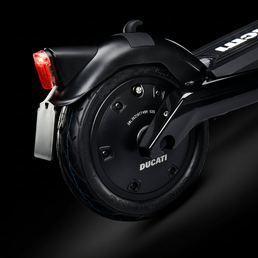 Close-up of a Ducati scooter wheel with performance