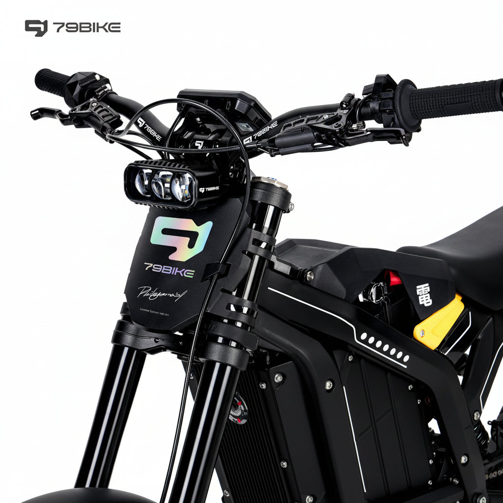 Close-up of a front view of a black 79BIKE-Falcon GT Electric Dirt Bike