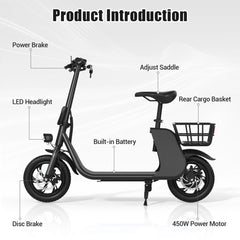 Megawheels SPEEDX2 Plus Carbon Alloy Electric Scooter 36V Ebike With Seat & Rear Basket