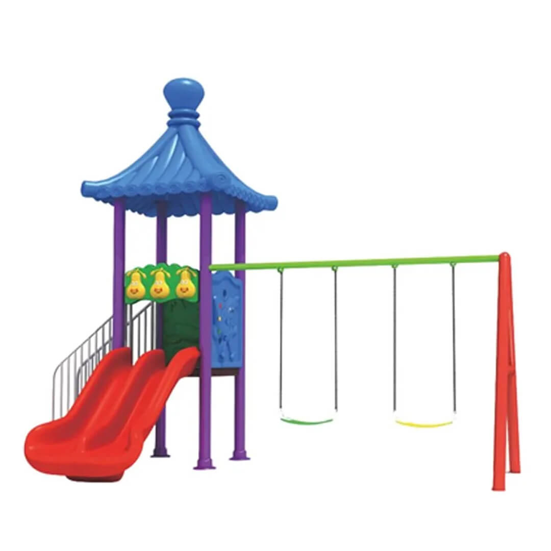 Pavilion Playset With Double Swings, Slides & Steps For Kids