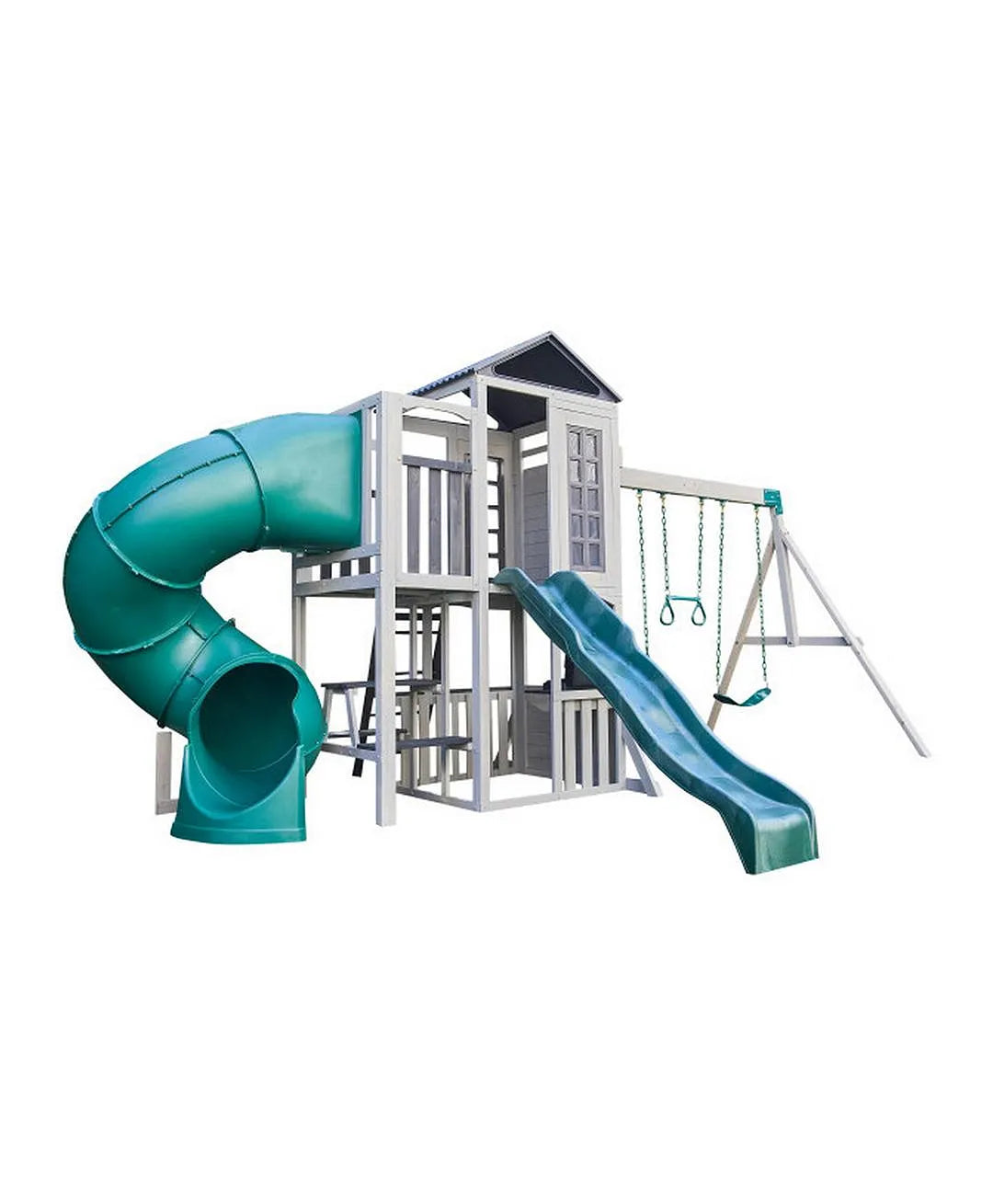 Kidkraft Wrangler Way Swing Set, Wooden Playhouse & Slides Children's playground with green slides