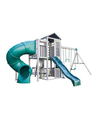 Kidkraft Wrangler Way Swing Set, Wooden Playhouse & Slides Children's playground with green slides