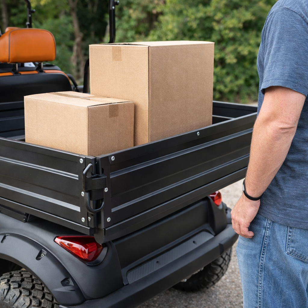 Person loading cardboard boxes into a Golf Cart