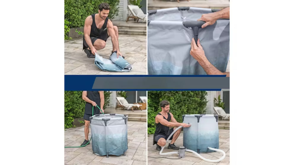 A collage of a person setting up an inflatable ice tub outdoors