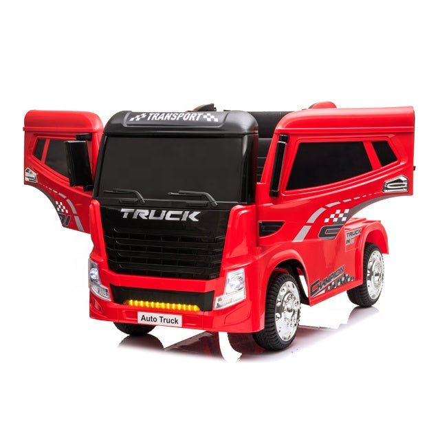 A red ride-on Kids truck with both side doors open