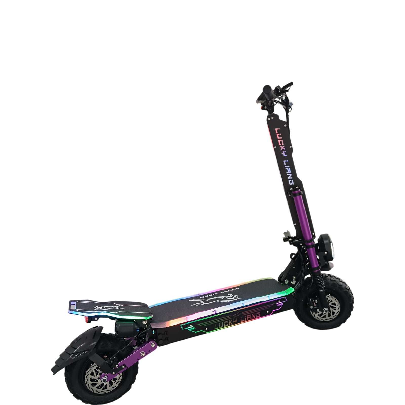 Electric scooter with colorful deck and purple frame