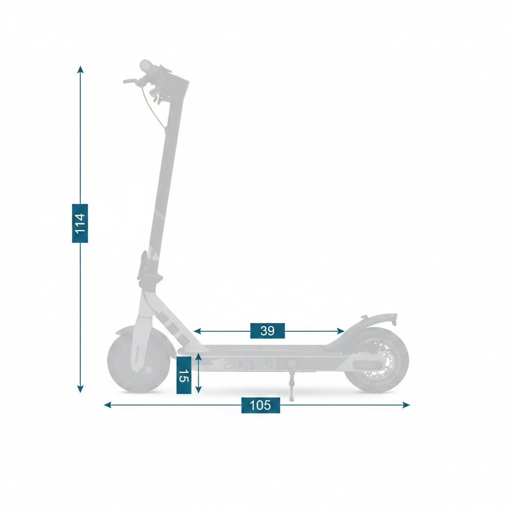 Measurement chart of an electric scooter with dimensions labeled in centimeters.