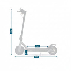 Measurement chart of an electric scooter with dimensions labeled in centimeters.