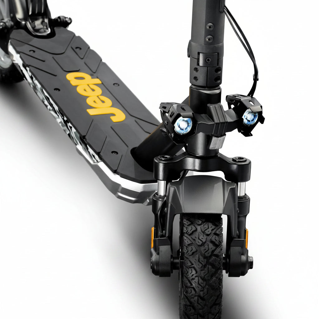 Jeep 2XE Urban Camou Electric Scooter front view with LED lights