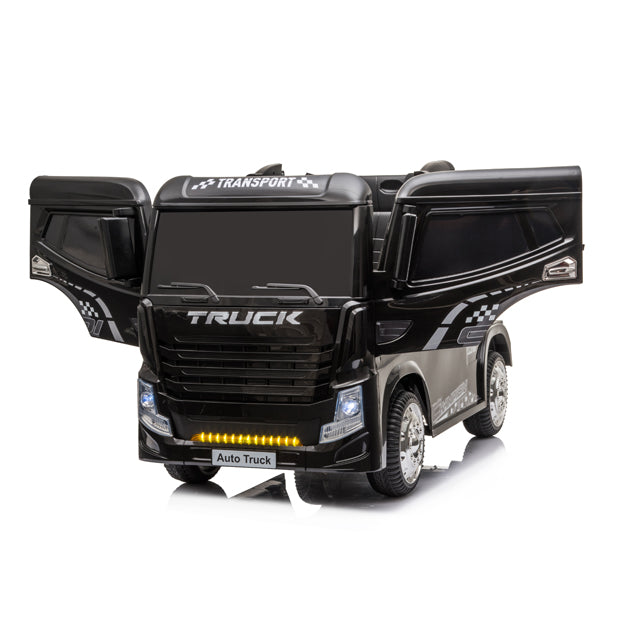 Black toy truck ride-on with open side doors and front windshield