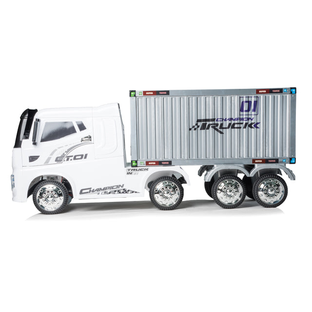 A white remote-controlled electric truck with a container-style cargo body