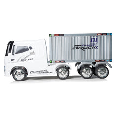 A white remote-controlled electric truck with a container-style cargo body