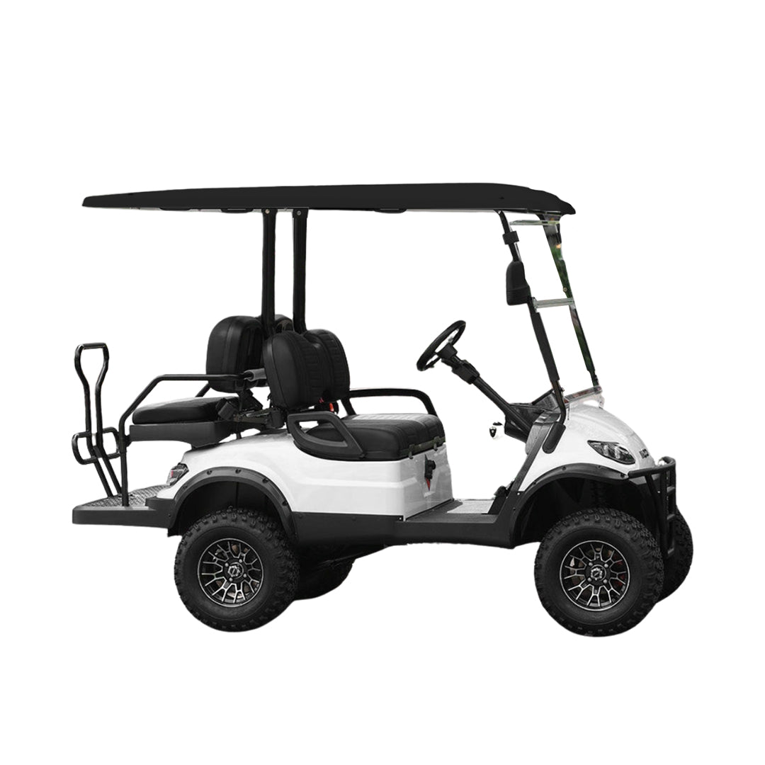 White lifted suspension off road golf cart with canopy