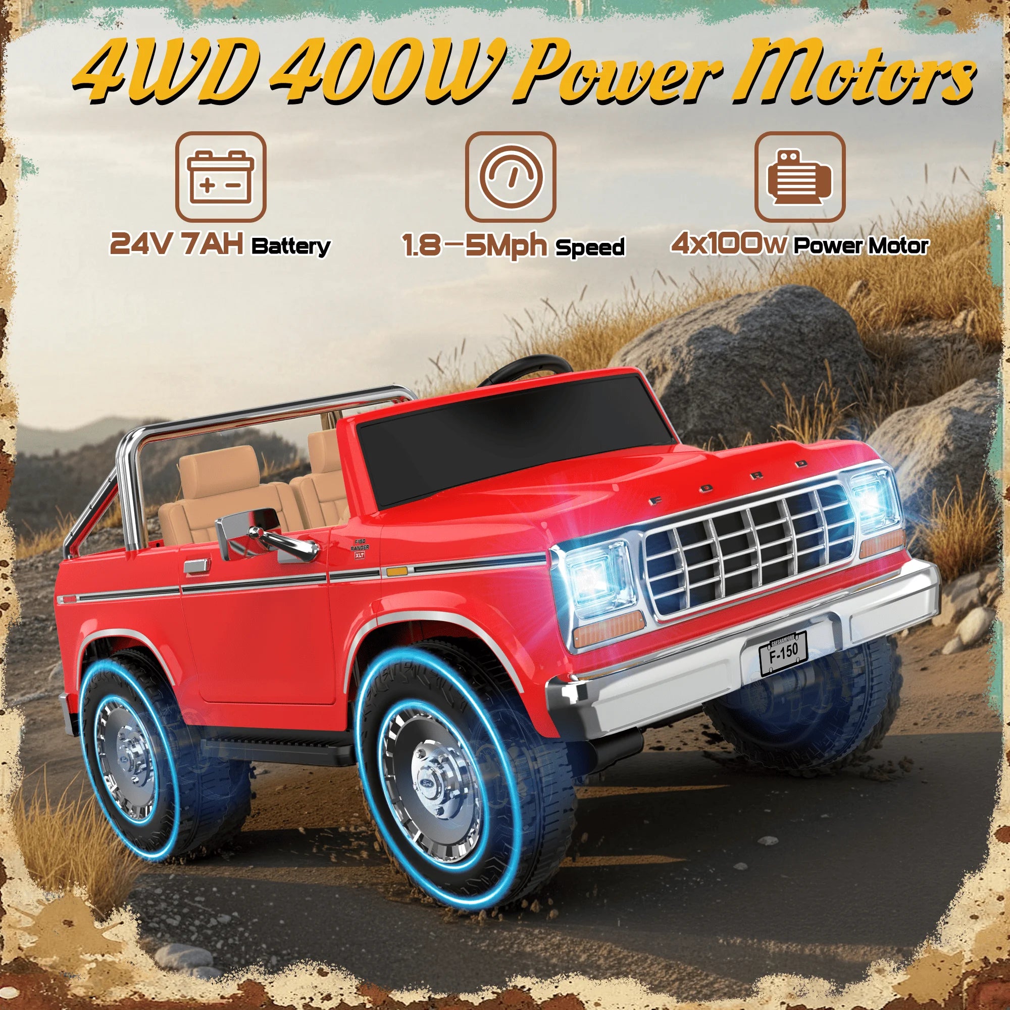 Red toy Car on a rocky terrain with 4WD and power motors