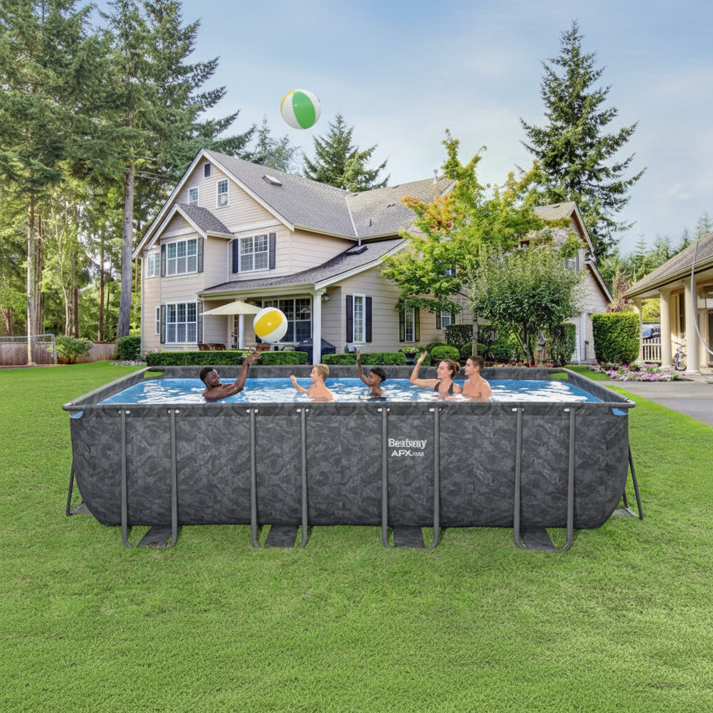 Family playing in a backyard pool with a house