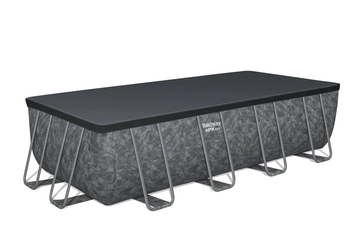 Rectangular above-ground pool with black cover 