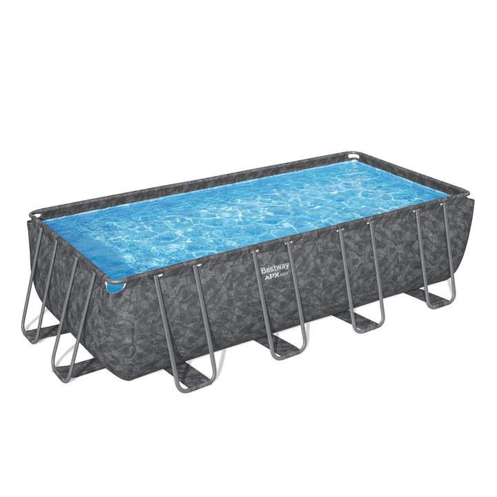 Rectangular above-ground pool with blue water
