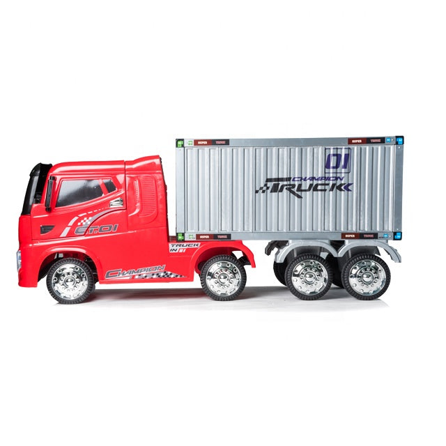 A red remote-controlled toy semi-truck for Kids with a silver container