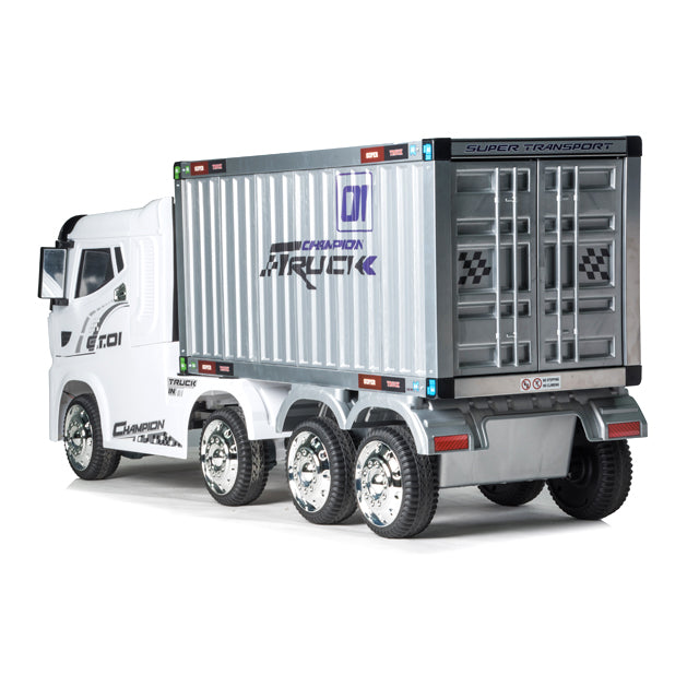 Back view of White Battery Towing Container Ride-On Truck 12v  for Kids with R C