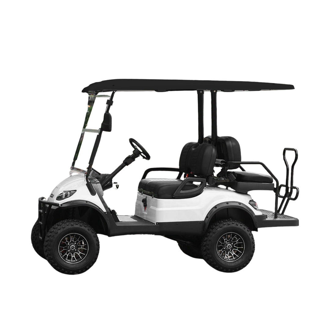 White lifted off road  golf cart with black seats