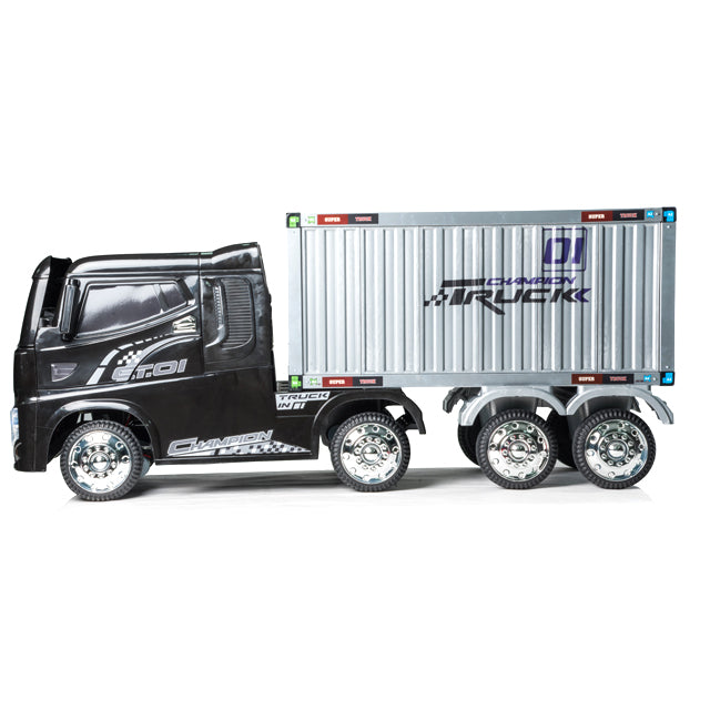 Side view of Black Electric Kids toy truck with a container