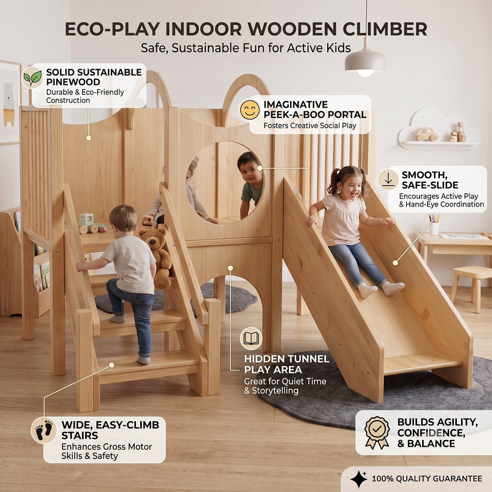 An eco-play Customised Wooden Indoor Climb and Slide Playset for Kids highlighting features and benefits for child play