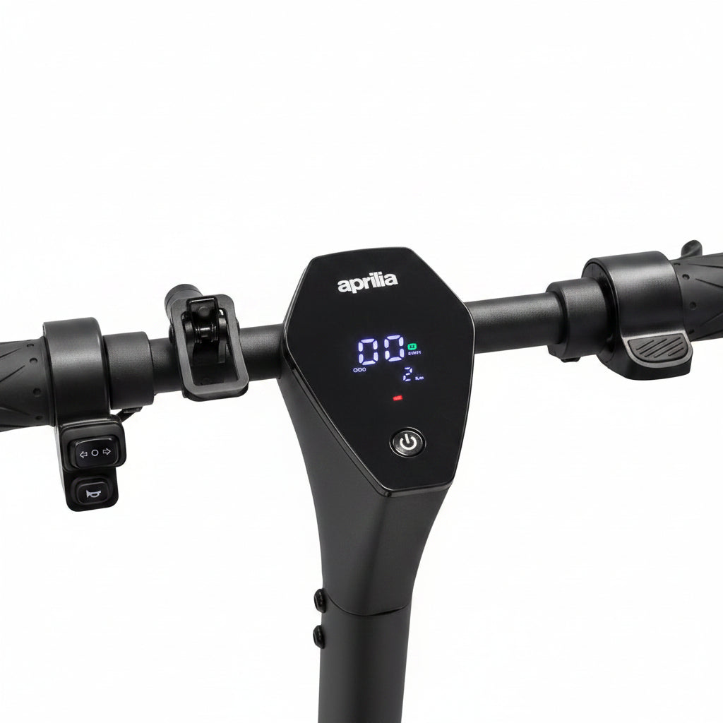 Close-up of a scooter handlebar with digital display and Aprilia Electric Scooter for Adults