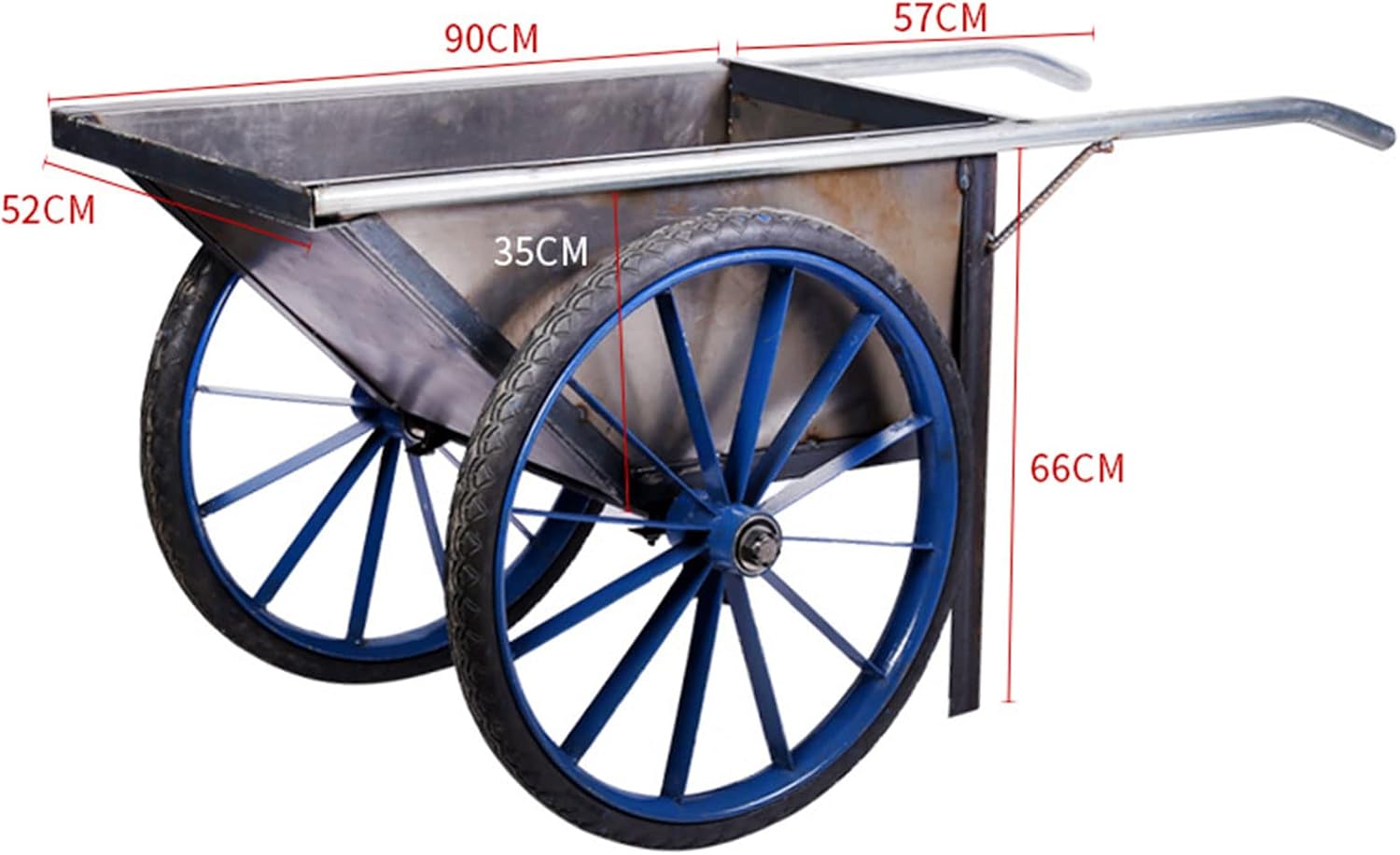 A metal wheelbarrow with dimension labels and 250 kgs loading capacity