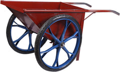 A red wheelbarrow with spoked wheels and tyres