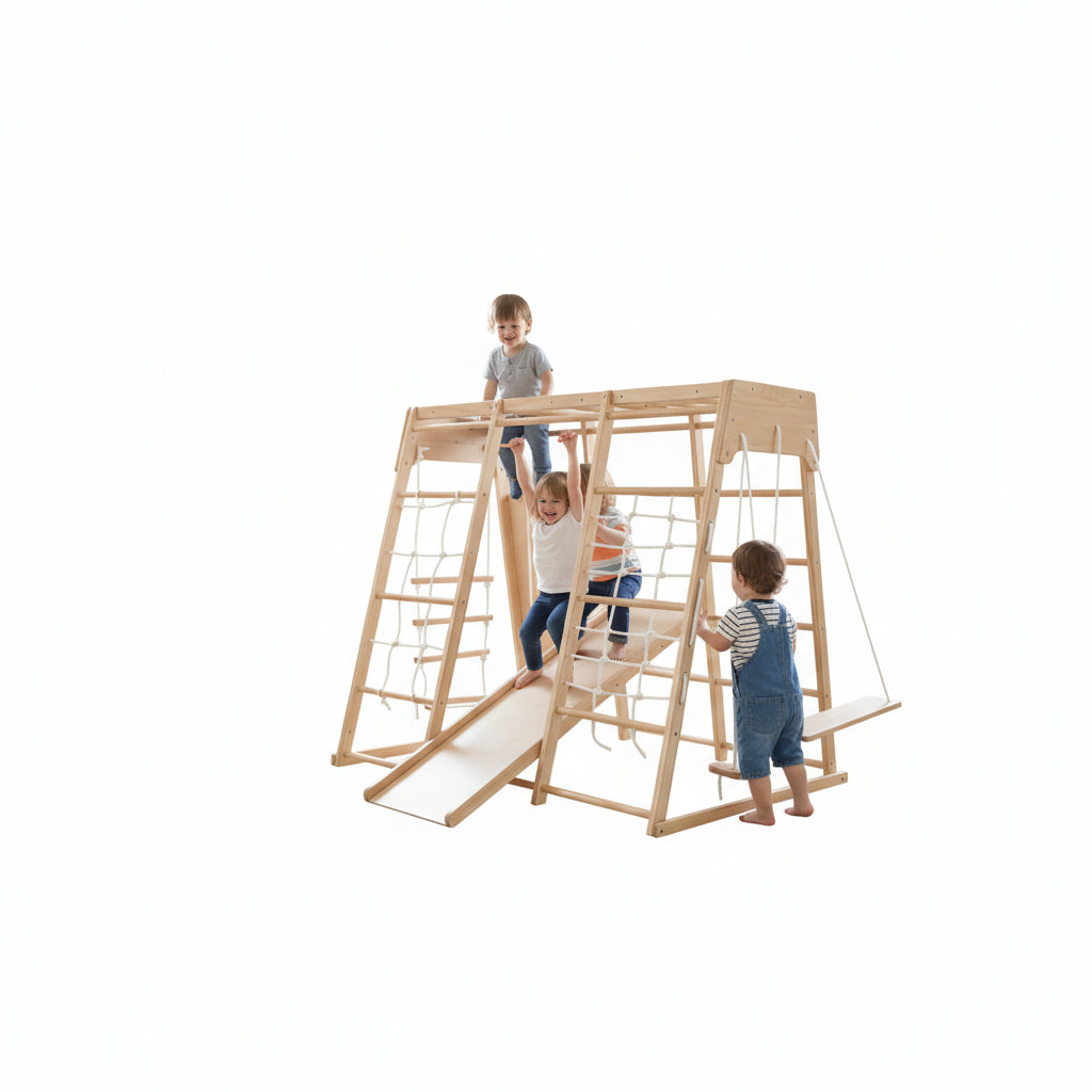 A Kids playing on a wooden climbing frame