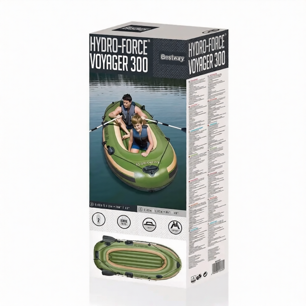 Boxed Hydro-Force Voyager 300 inflatable boat with two people on a lake.