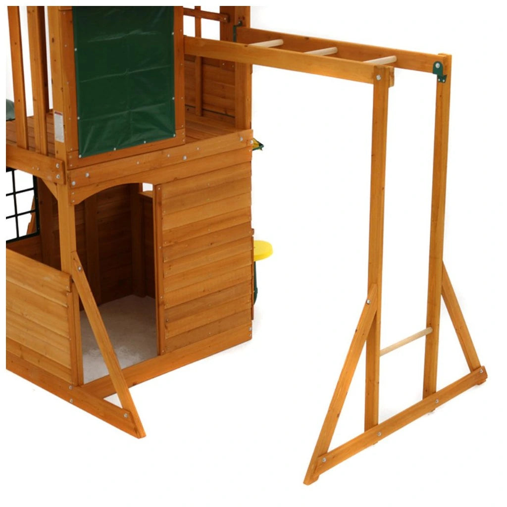 KidKraft Ridgeview Deluxe Clubhouse Wooden playhouse with green chalkboard wall on a white background