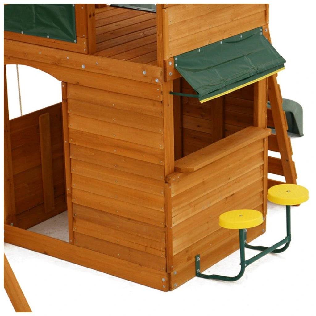 KidKraft Ridgeview Deluxe ClubhouseWooden playhouse with green roof and yellow steps