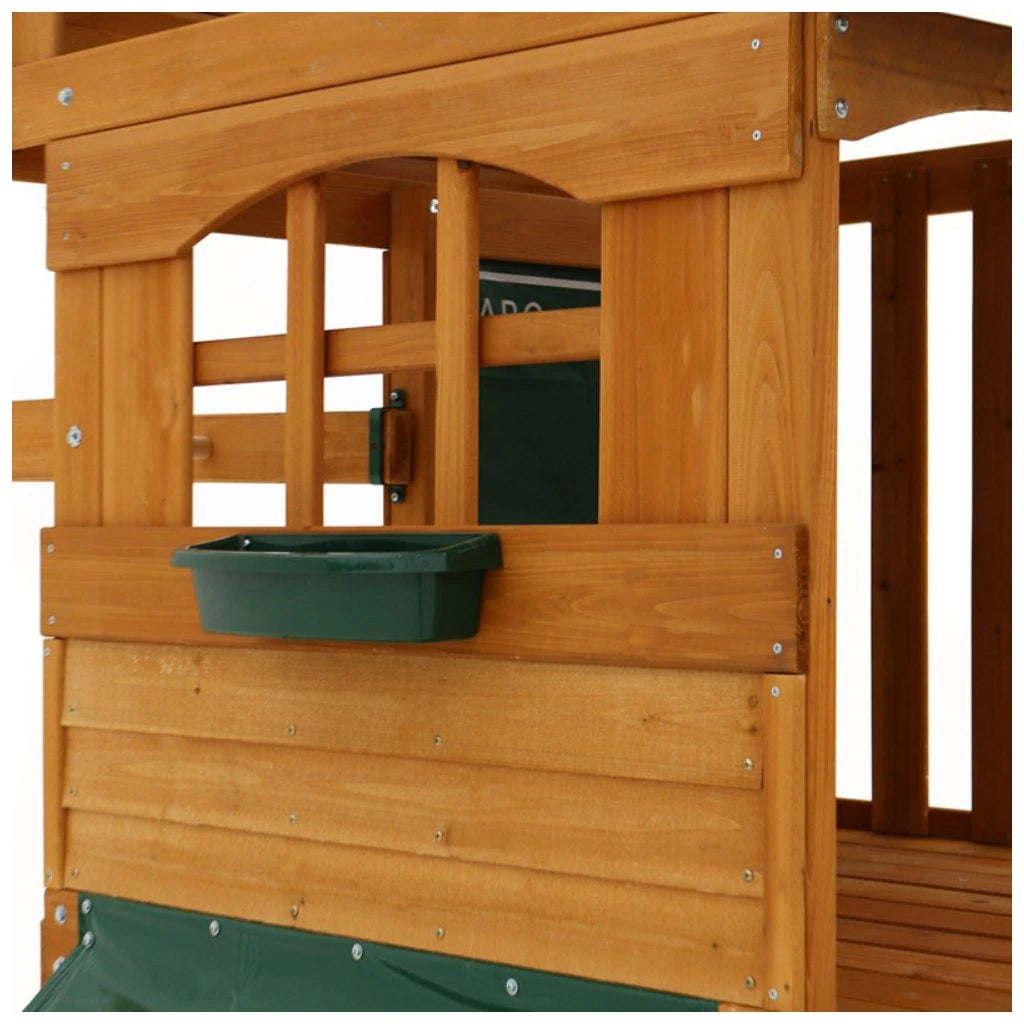 KidKraft Ridgeview Deluxe Clubhouse Wooden playhouse with a green window box 