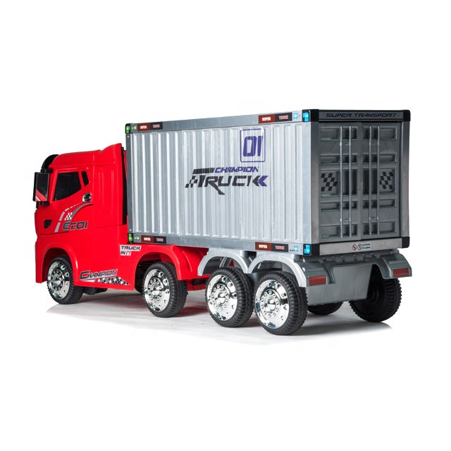 A side back view of a stylish red Kids toy truck with a container