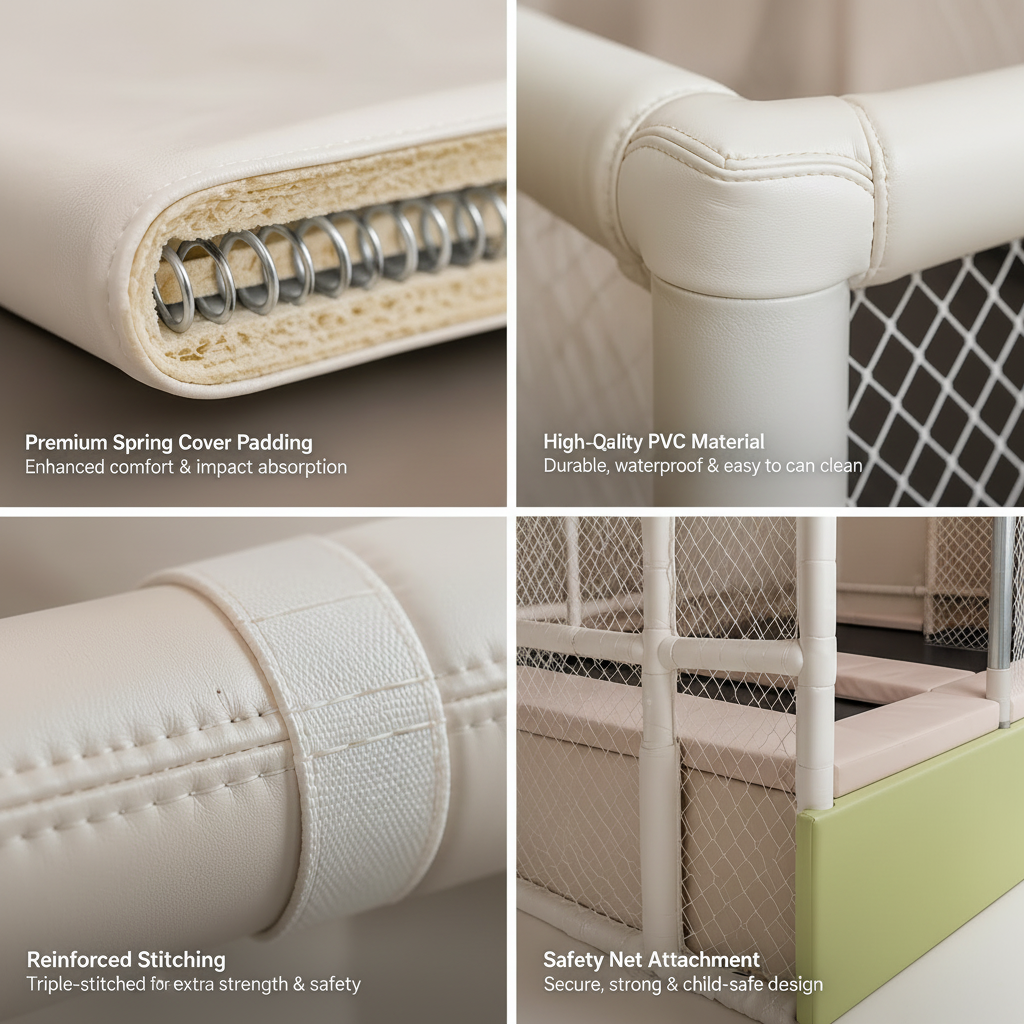 Close-up collage showcasing padded springs, reinforced stitching for the indoor trampoline
