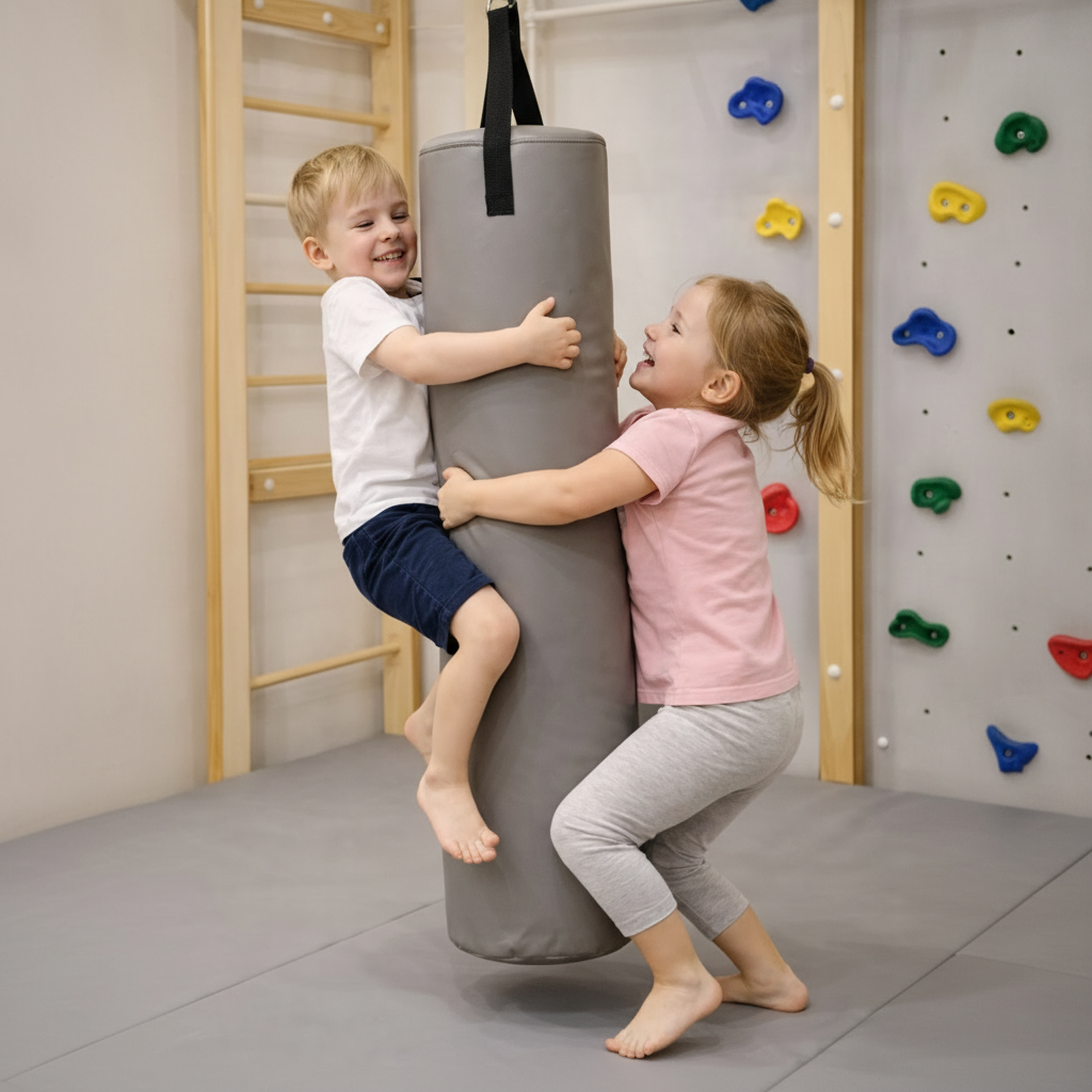 Two children playing with a punching bag