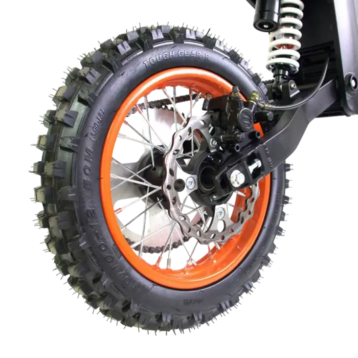 Close-up of a motorcycle wheel with knobby tire