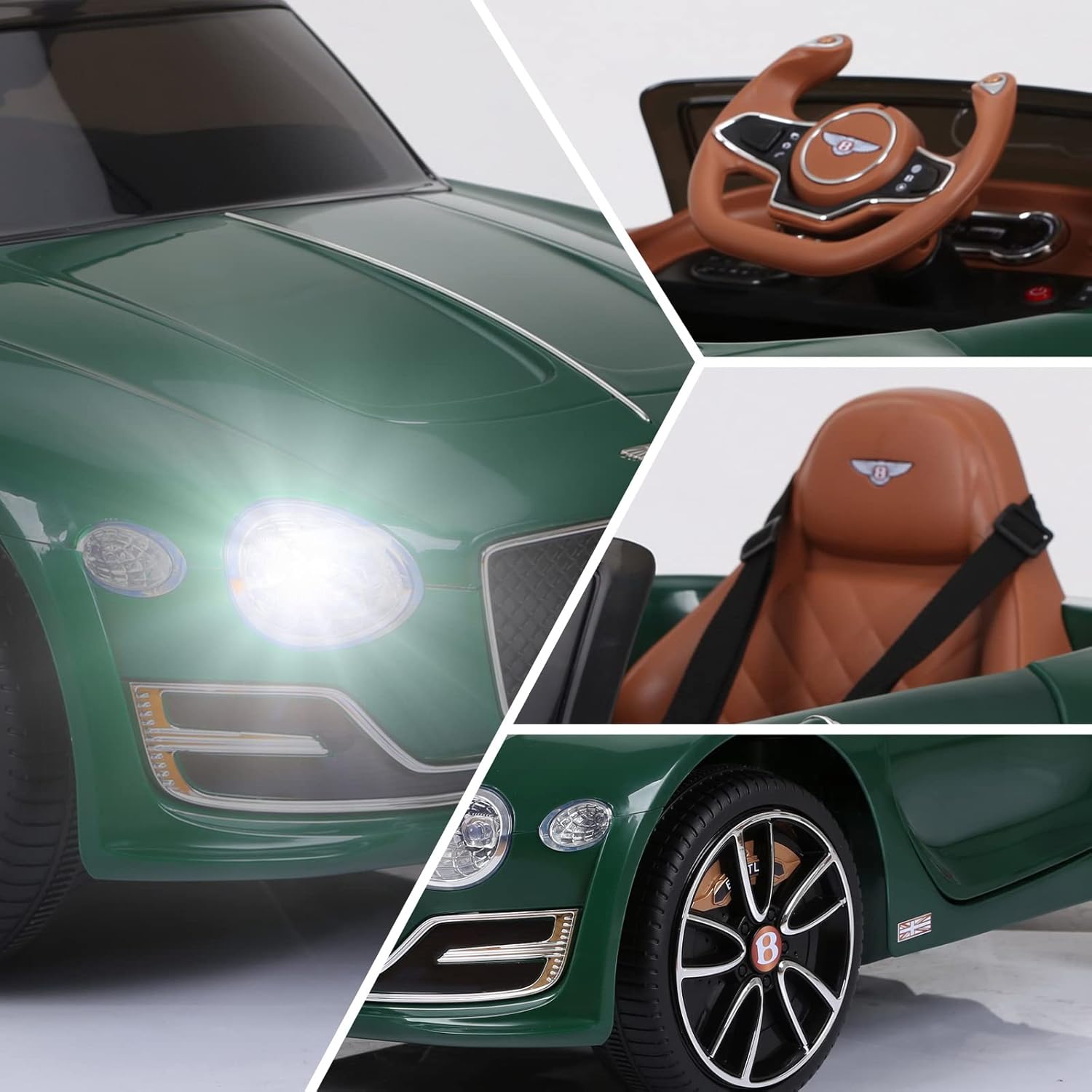 A collage showing a green Megastar Kids Electric Rideon Licensed Bentley Exp12 Sports 12V