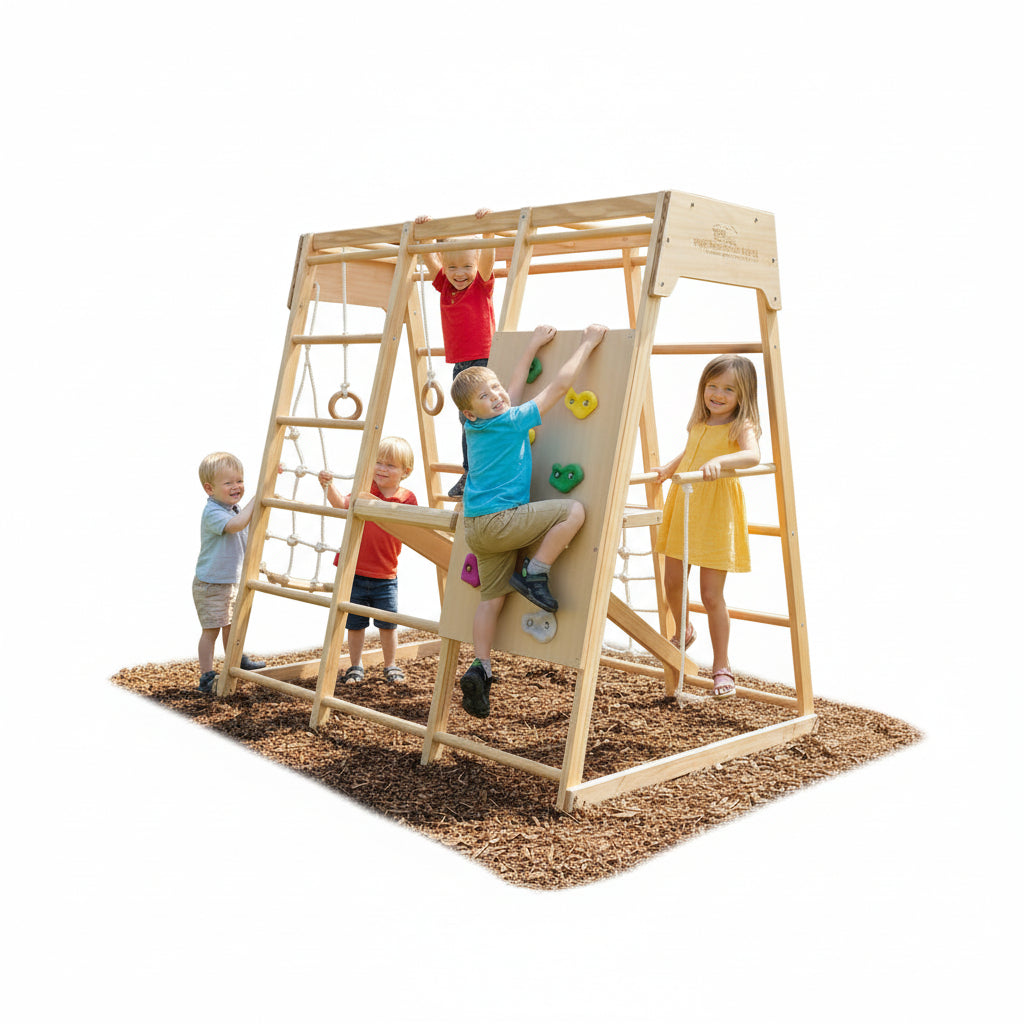 Children playing on a wooden playset 