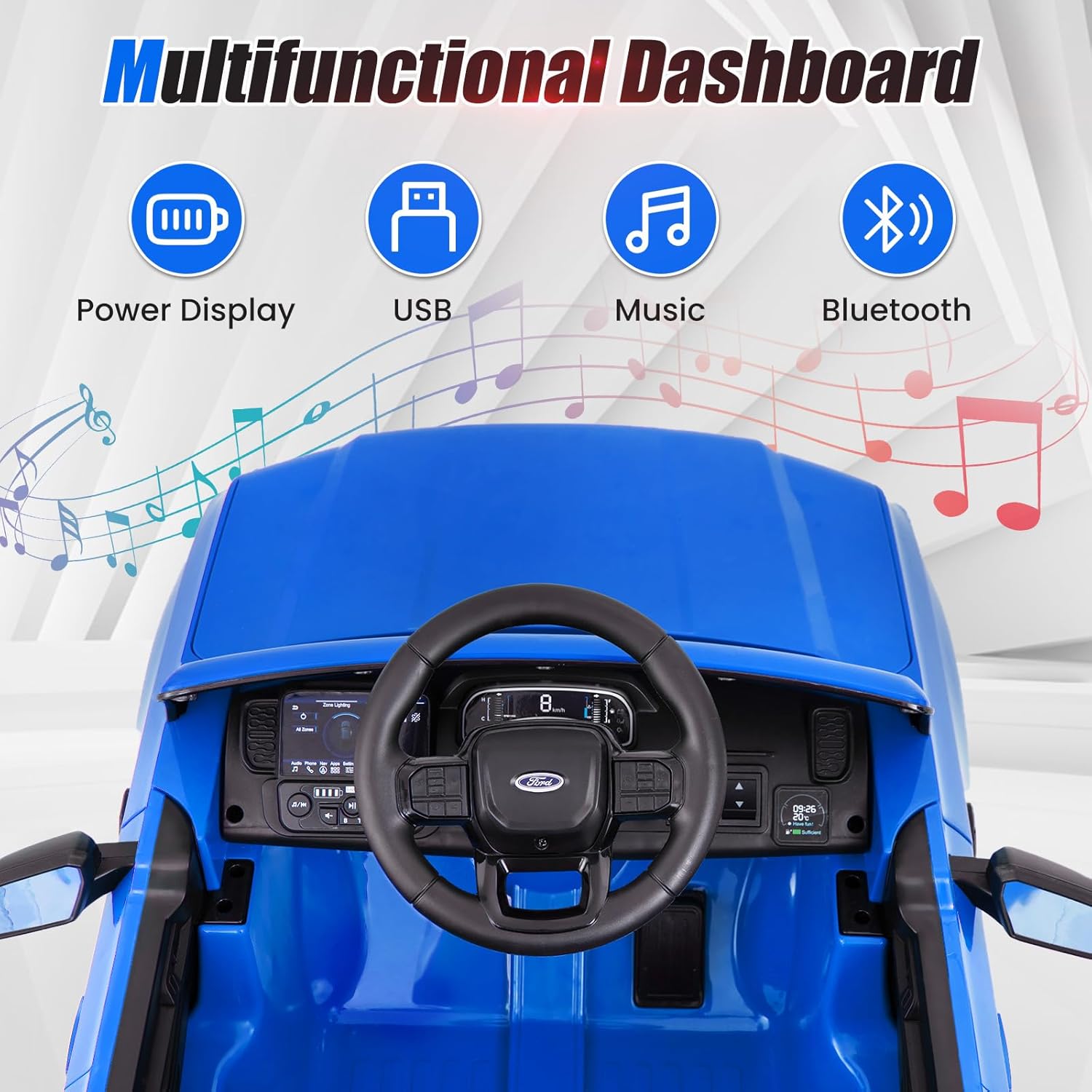 Blue Ford Ranger dashboard with steering wheel and multimedia
